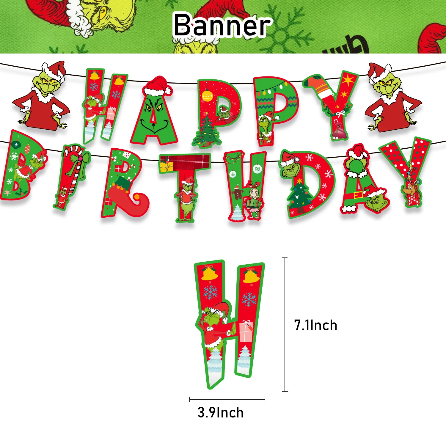 Grinch Christmas Birthday Party dinnerware Disposable Banner Cake Topper Hanging Flag Grinch Balloons Birthday Decoration set