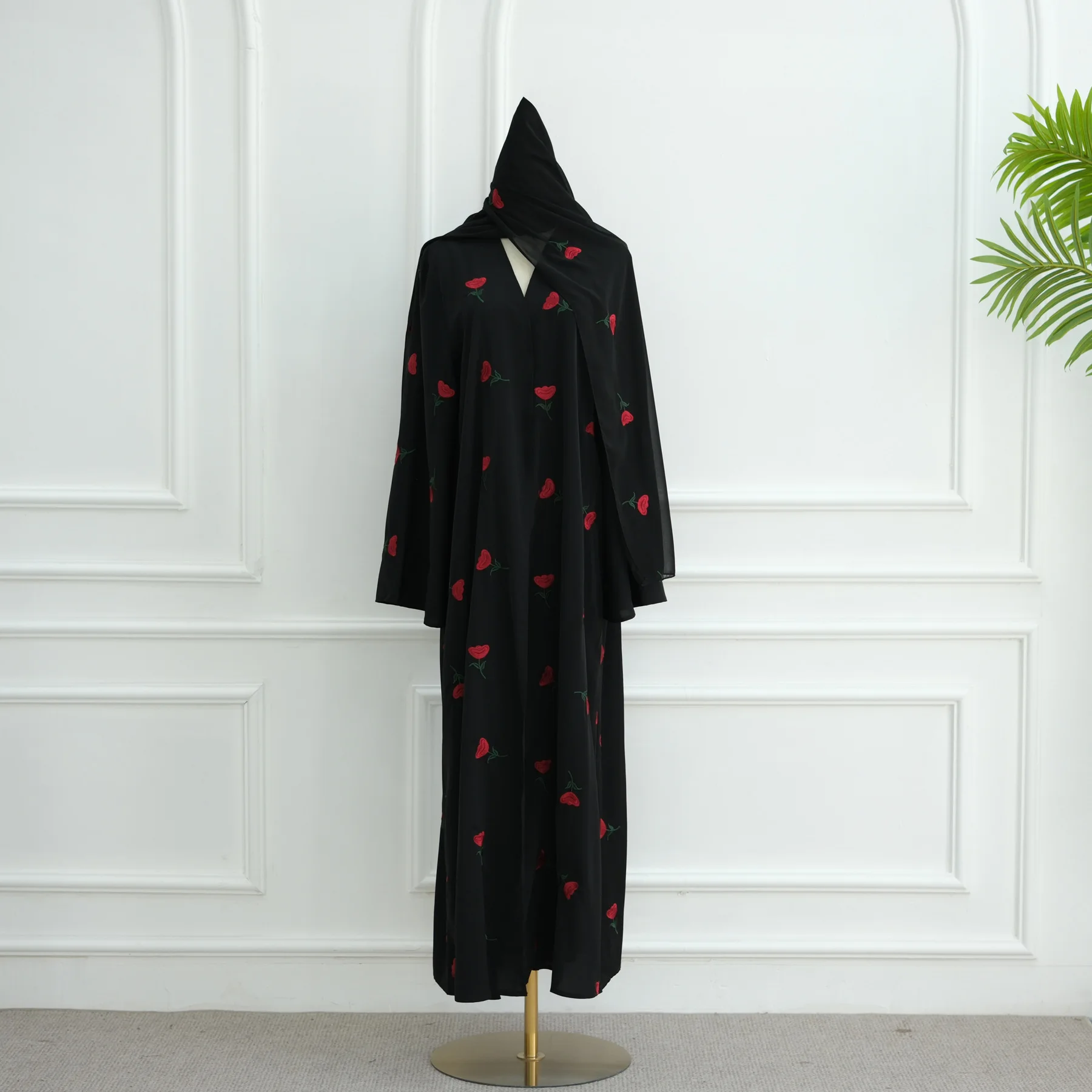 Uni Abaya 2025 vêtements pour femmes nouvelle broderie luxe Style dubaï avant ouvert Abaya avec Hijab 2 pièces ensemble vêtements islamiques