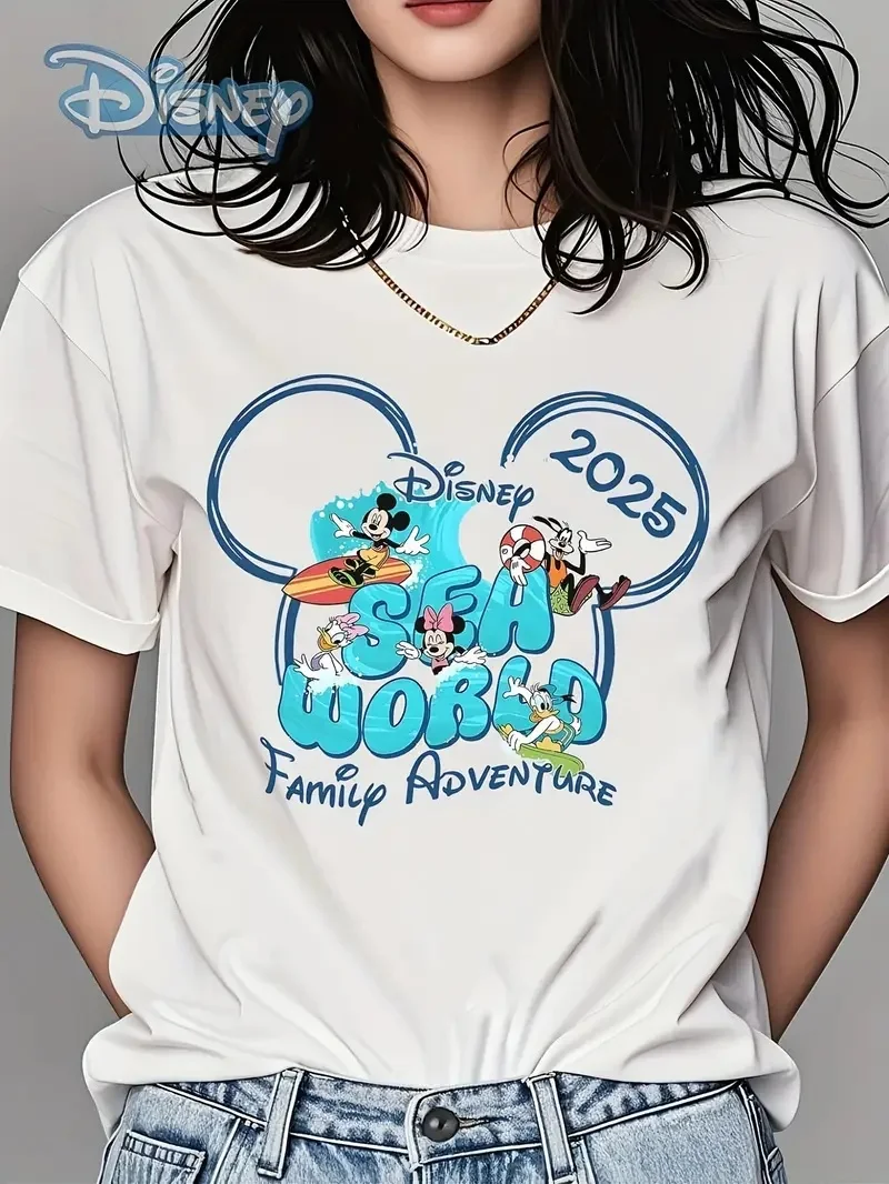 

2025 Disney Pattern Printed Women's Casual Comfortable Unique Smiling Face Black Round Neck Short Sleeve T-shirt