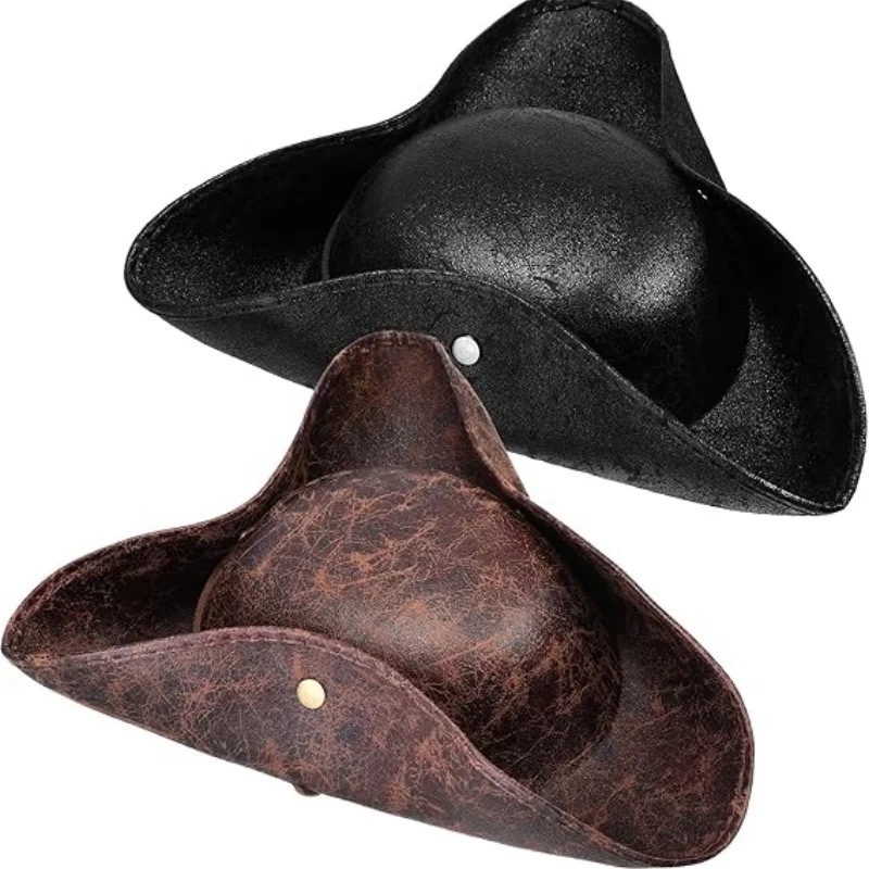 Faux Leather Pirate Hat Vintage Wrinkle Distressed Tricorn Pirate Hat for Women Men Halloween Costume Cosplay Accessories