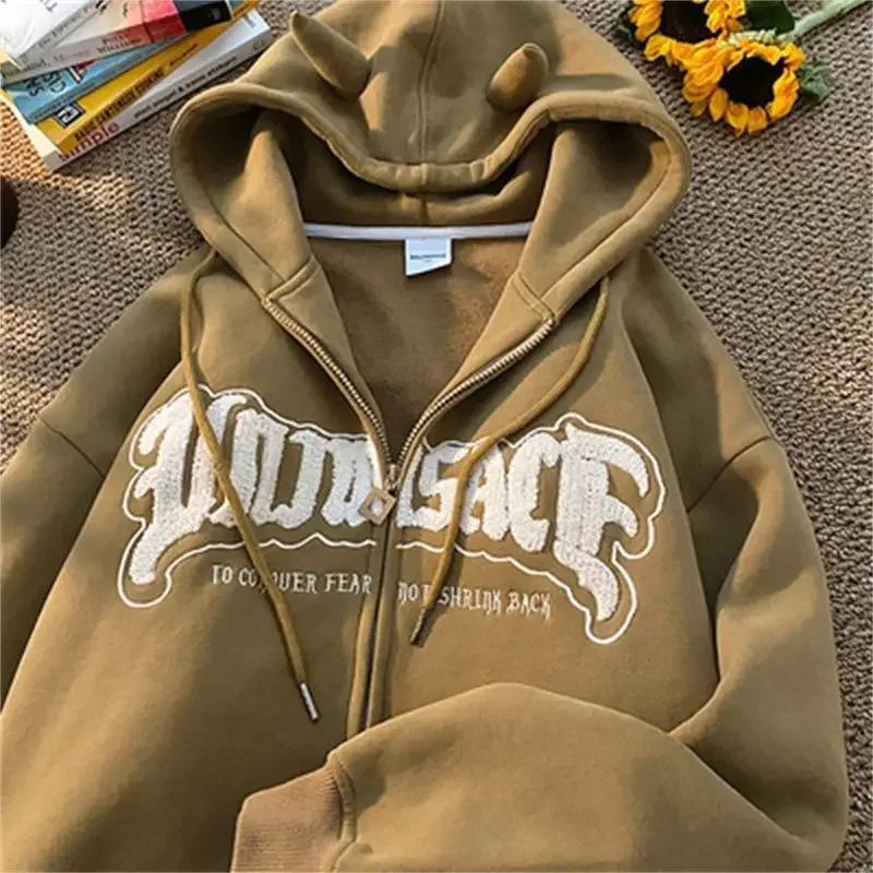 

New Demon Print Top Quality Plush Hoodies Women Fashion Casual Sweater Couple Retro American Loose Coat Lazy Style Women Jacket