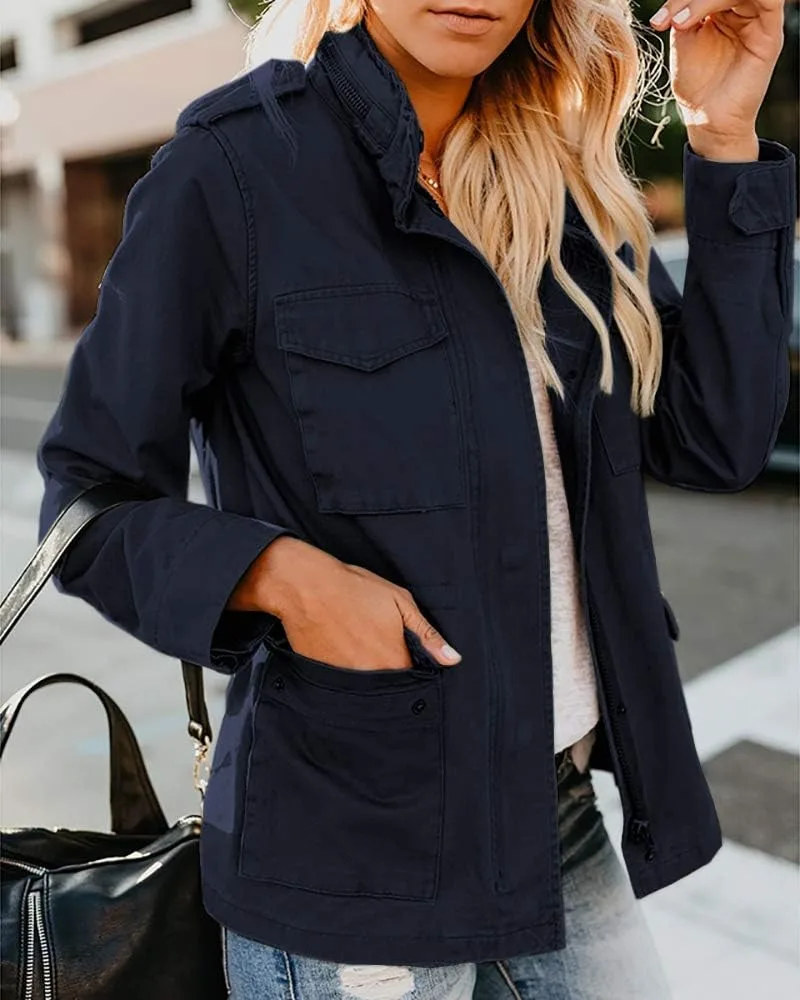 Vintage Zip Up Solid Color Jacket Tops Slim Fit Long Sleeve Button Coat Outwear Fashion Causal Women Clothing Female Streetwear