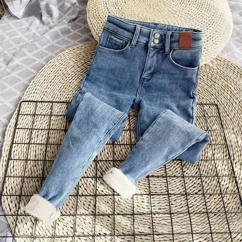 Jeans en velours taille haute pour femmes, pantalons skinny élastiques, legging décontracté, chaud, sourire, hiver