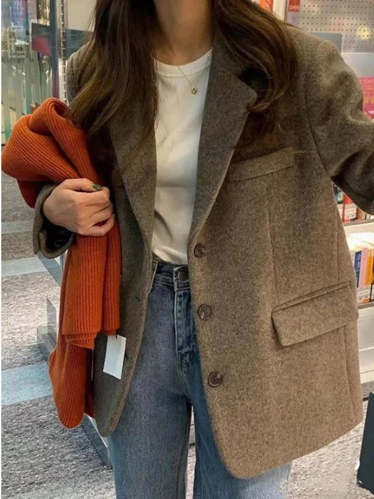 

Woolen Thicken Blazer Jacket Women Autumn Winter 2023 Office Ladies Fashion Warm Elegant Vintage Coats Single Breasted Outerwear
