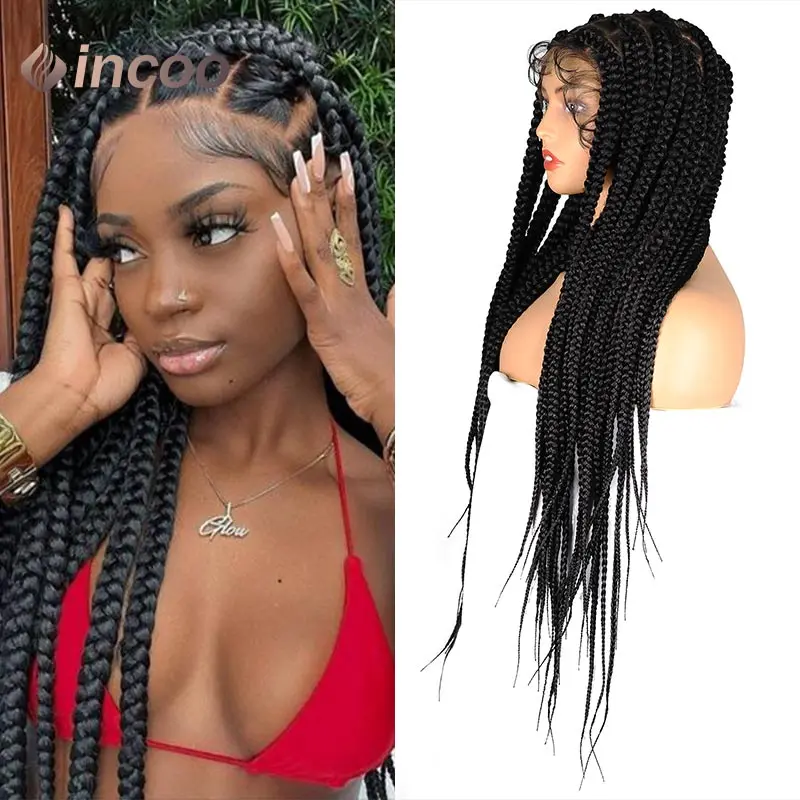 Sintético Knotless Full Lace Front perucas para mulheres negras, grande caixa trançada perucas, tranças tribais, Faux Locs, Cornrows peruca, Jumbo