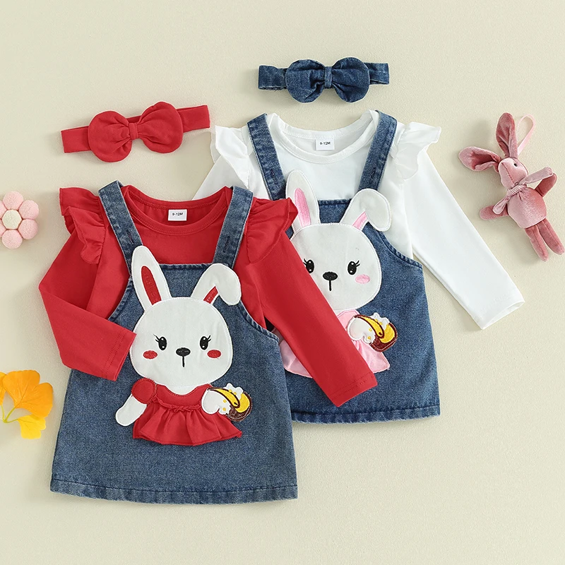 

Lovely Baby Girls Skirt Set, Long Sleeve Romper Rabbit Suspender Skirt Bow Headband Spring Autumn Outfit 0-18Months