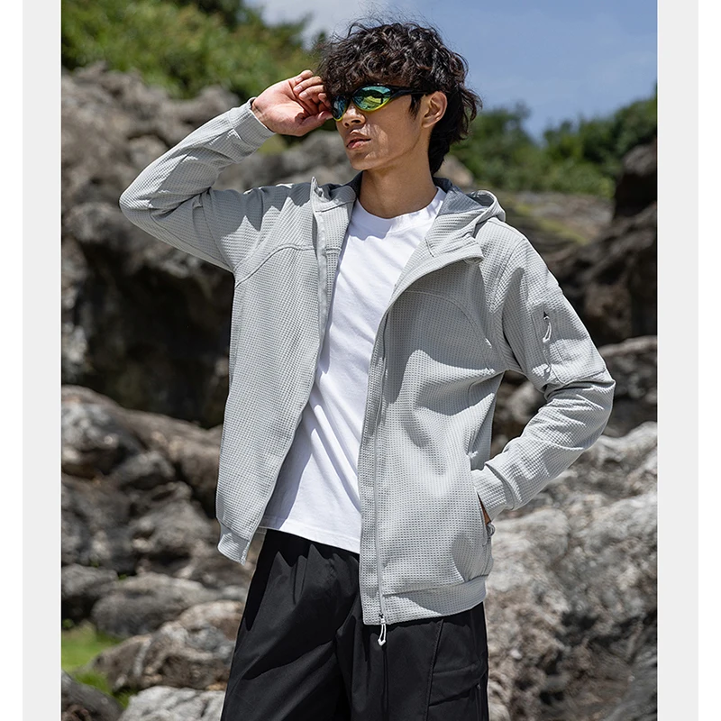 Men's Waffle-Knit Hooded Zip-Up Jacket UPF50+ Sun Protection 7A Antibacterial Quick-Dry for Hiking Running Outdoor Sports