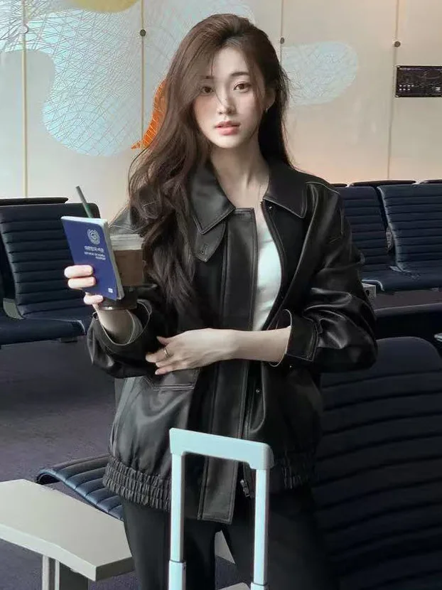 2026 Korean Style Retro PU Leather Jacket Loose Fit Collar up Bike Clothes Heavy Duty Fashionable Streetwear Versatile Women'...