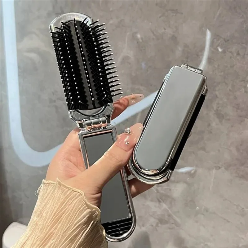 TKOH-2-en-1 Peine y espejo plegables portátiles: cojín de aire de diamante, adorno de diamantes de imitación, cepillo de pelo de viaje compacto y herramienta de maquillaje