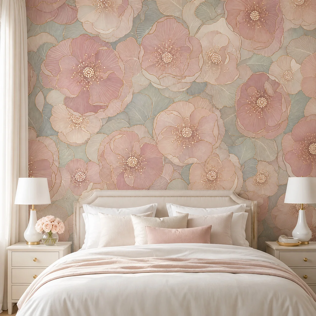 Pastel Pink Floral Wallpaper Mural Peony Flowers Gold Line Wall Art for Living Room Bedroom Non Self Adhesive Glue Required