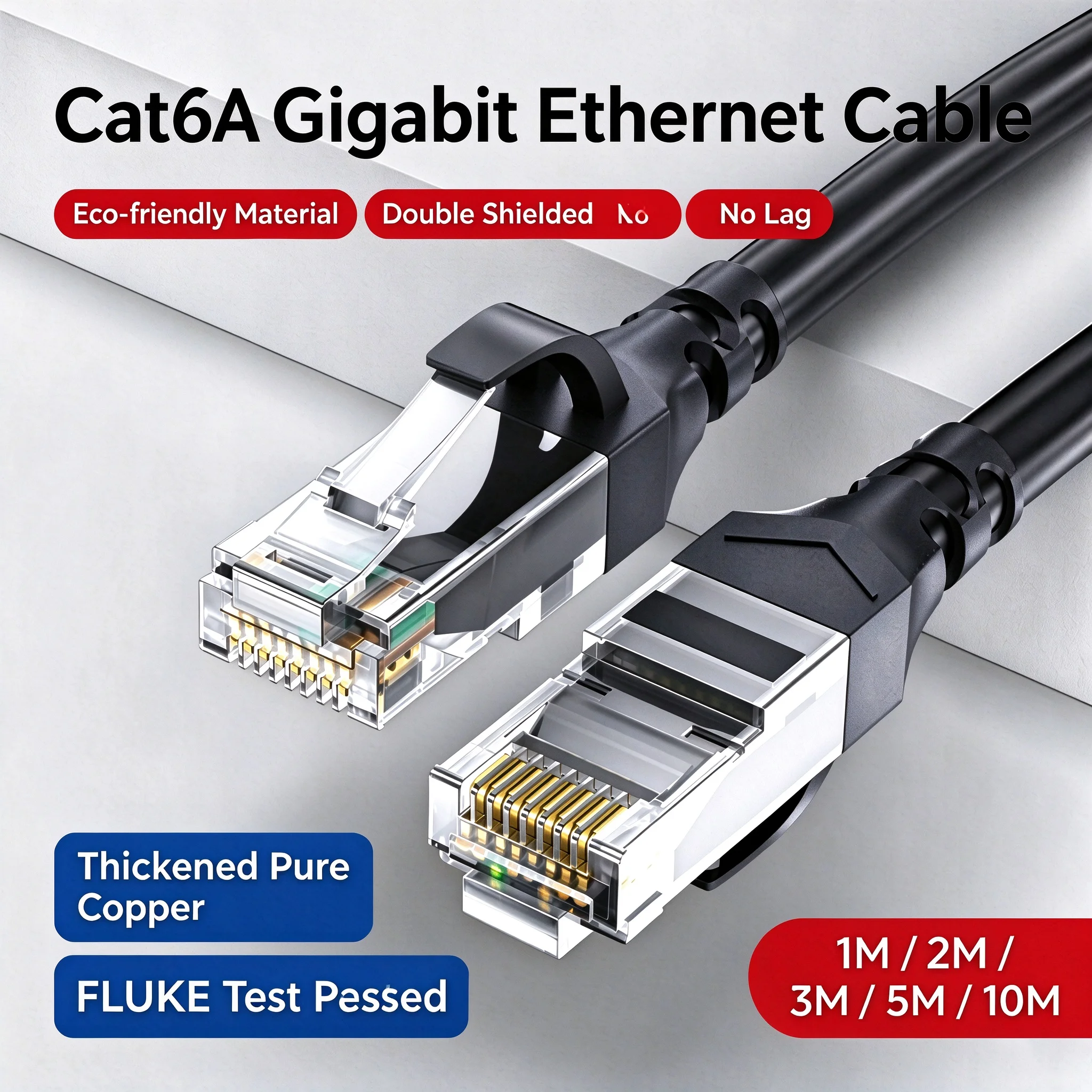 Cat6A Ethernet Cable 10Gbps Gigabit Patch Cord, 26AWG Pure Copper, Fluke Test Passed for PC Router