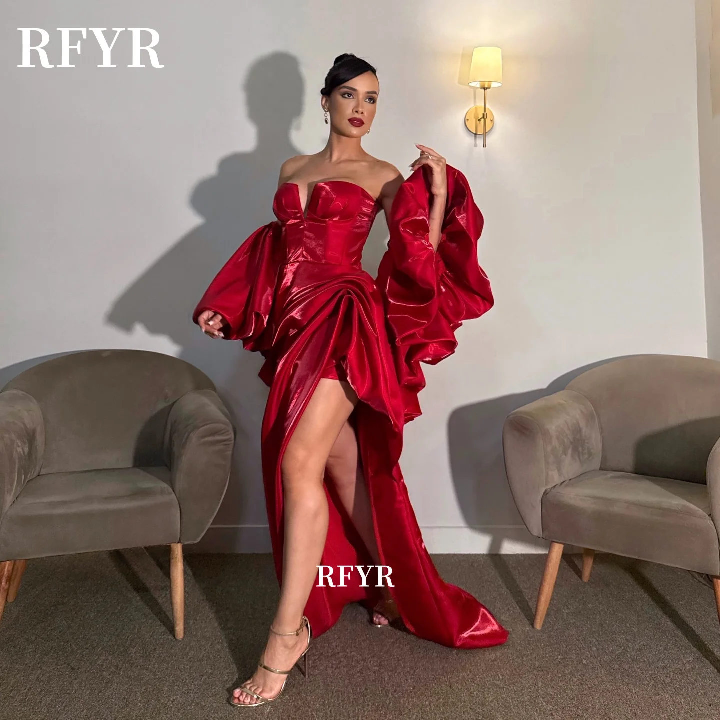 

RFYR Red Party Dress with Lantern Sleeve Evening Dress High Slit Prom Dress Pleated Princess Dress فساتين مناسبة رس Customized