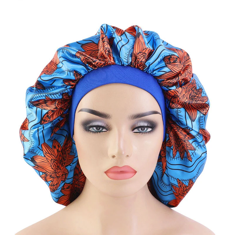 New Women\\\'s Extra Large Hair Cap For Sleeping African Printed Satin Cap Elastic Night Turban Artificial Silk Chemo Bonnet