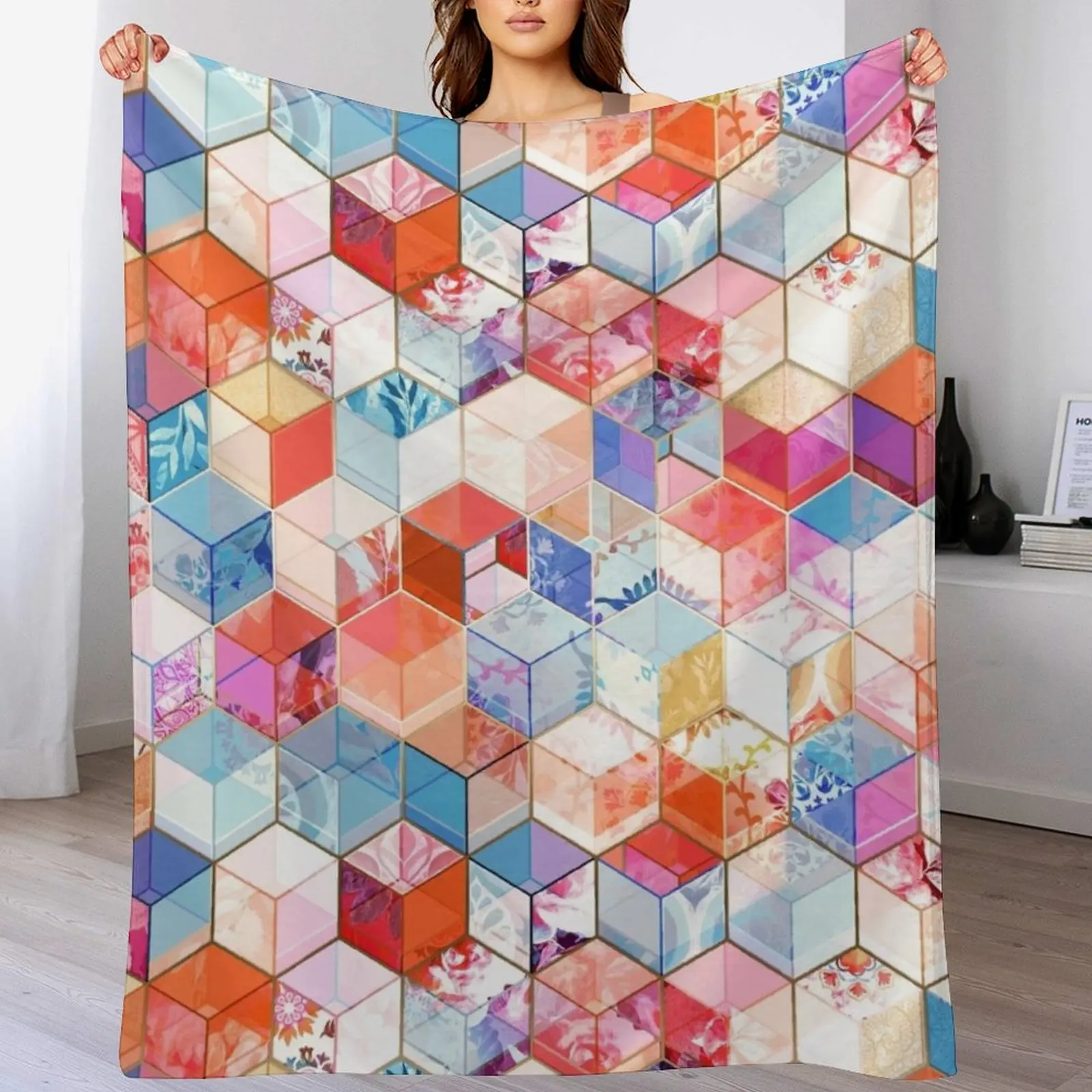 

Coral, Cream and Cobalt Kaleidoscope Cubes Throw Blanket Cozy Napping Blanket Gift for Mom Dad