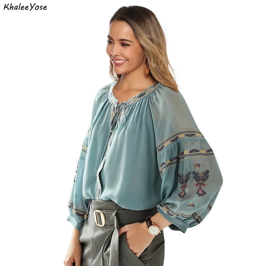 KHALEE YOSE Blue Floral Embroidery Blouses Shirt Vintage Boho Spring Autumn Mexican Shirt  Women Lace Tie Up 2xl Ethnic Shirt