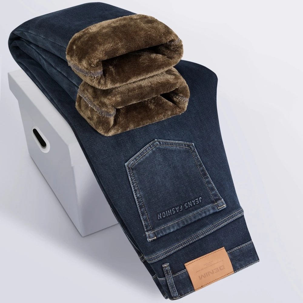 Winter New Fleece Thick Warm High-quality Light Blue Men's Straight Loose Jeans Comfortable Cotton Elastic Business Casual Pants
