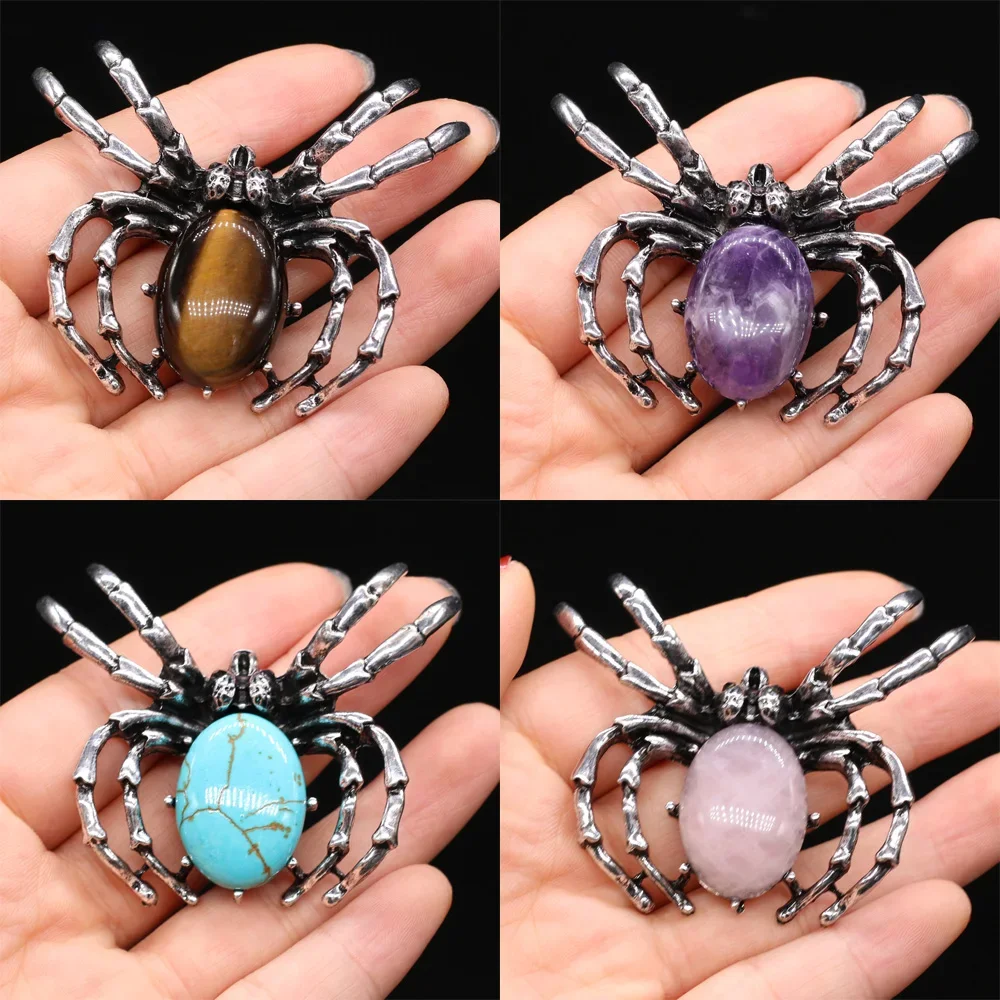 1PC Spider Natural Stone Opal Crystal Shell Alloy Brooch Pendant DIY Made Necklace Clothing Accessories Gift