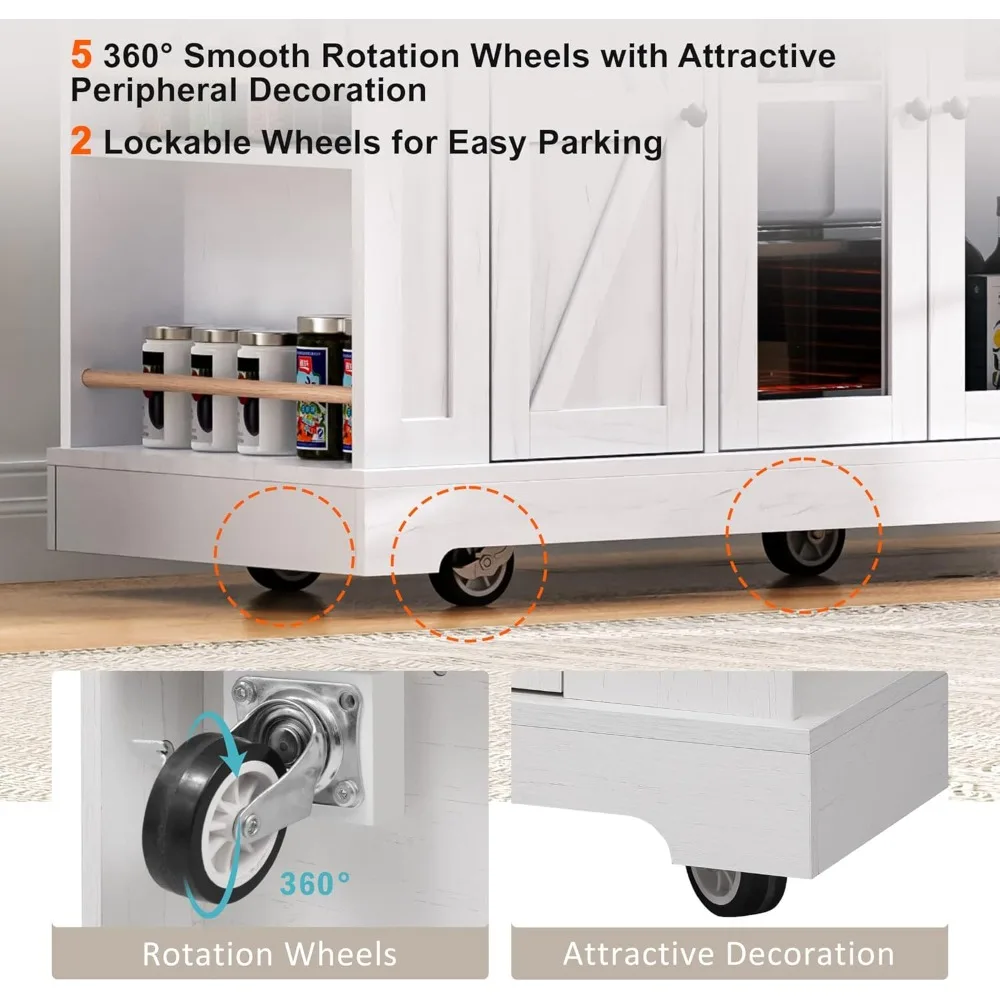 جزيرة مطبخ محمولة مع منافذ كهربائية، عربة طعام دوارة مع سطح طاولة قابل للطي، طاولة جزيرة متنقلة على طراز الحظيرة #5