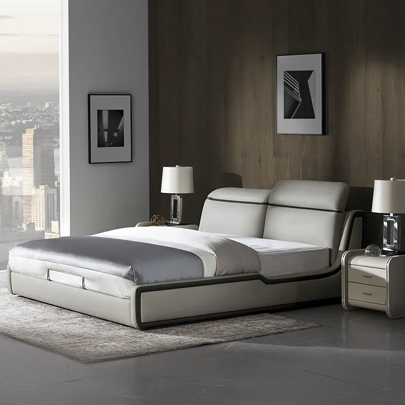 

Designer Soft Headboard Bed Foam High Large Floor Modern Queen Bed Wood Leather Sleeping Mueble Para Dormitorio Nordic Furniture