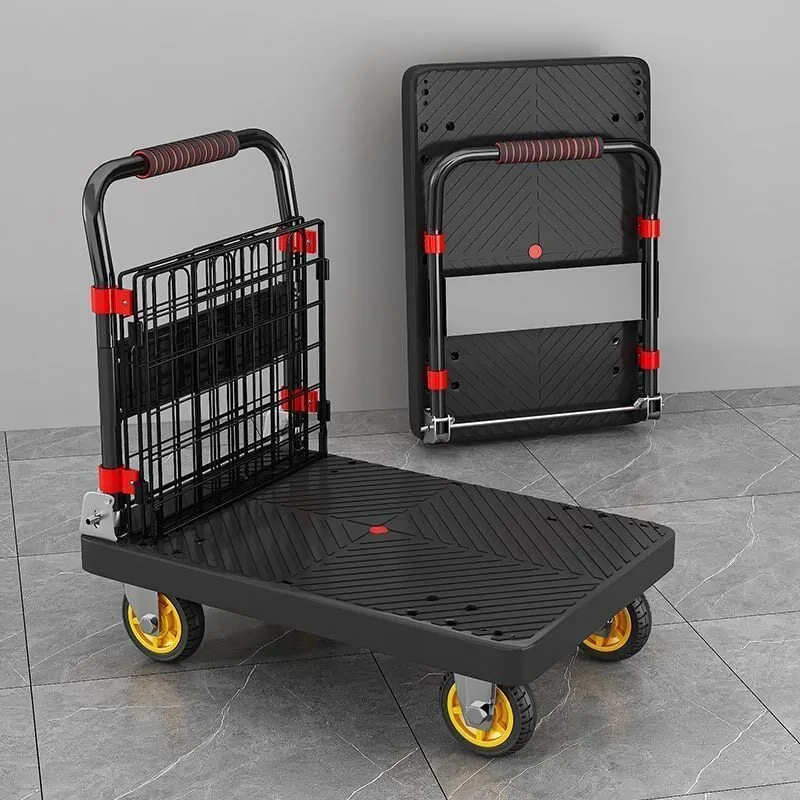 350KG Load-bearing Flat Trolley Foldable Four-Wheel Hand-Pulled Flaed Cart Household Goods Transport Quiet Trolley With Fence