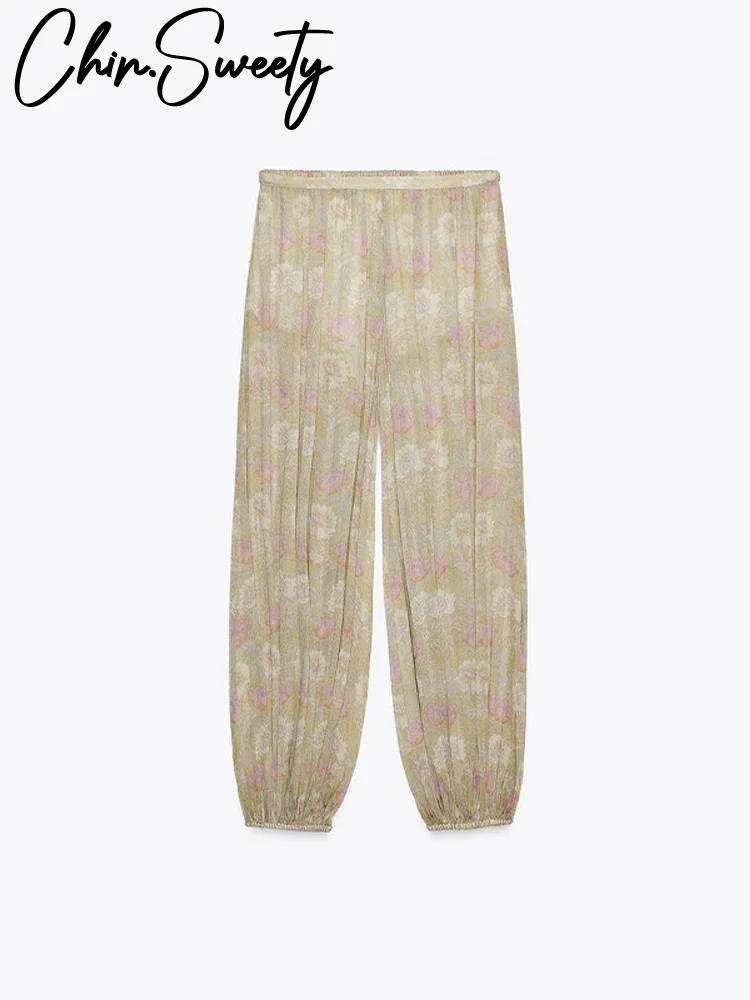 الرجعية فضفاضة طباعة السراويل النساء عادية عالية الخصر فانوس طويل الشارع الإناث السراويل 2025 الصيف الخريف انظر من خلال السراويل سيدة