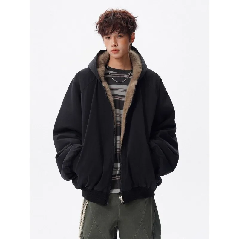 Trendy Reversible Faux Fur Cotton Jacket for Men Winter American Cool Warm Hooded Coat Retro Versatile Perfect Couples Jackets