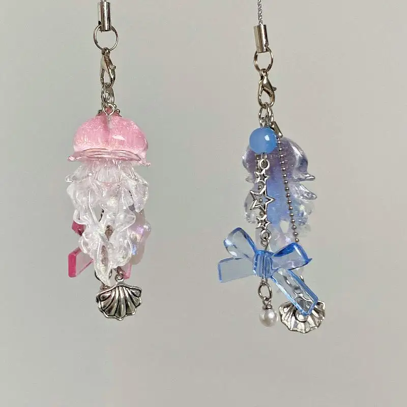 LLavero de medusas para teléfono, estrella de mar, sirena, cola de pez, lazo, cuentas, Fairycore, billetera, mochila escolar, decoración de llaves de coche, 1 ud.