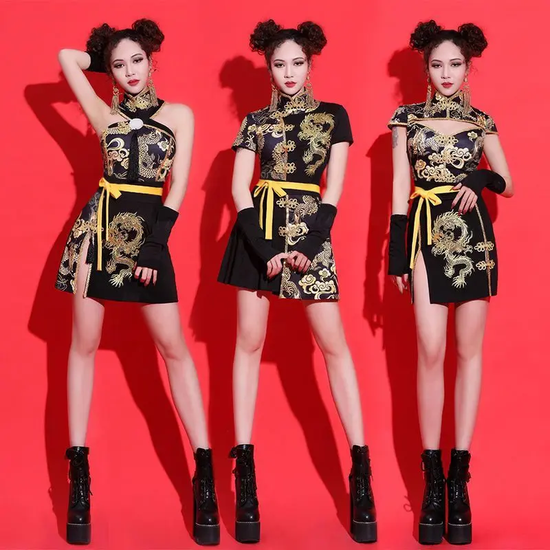 

2024 chinese national dragon print jazz dance costume women improved qipao hip hop clothes fashion Dance outfits dj show clothes