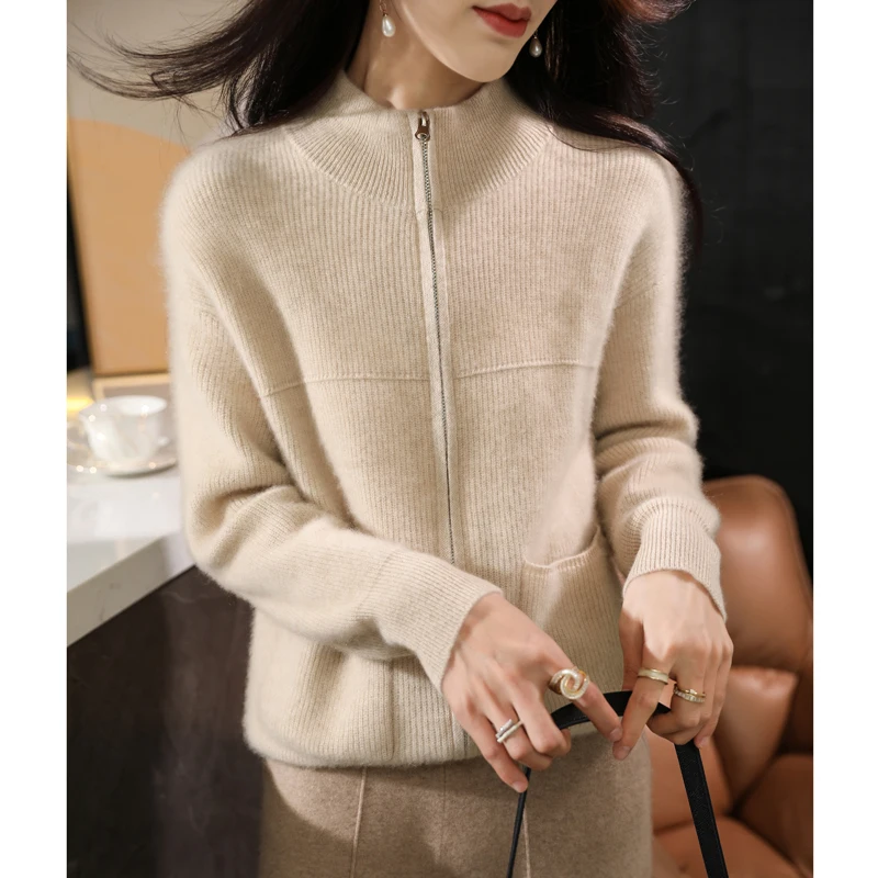 Women 100% Merino Wool Sweater Half-high Collar Cardigan Autumn/Winter Thickening Tops Cashmere Double Zipper Knitting Jacket