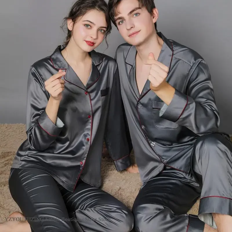 New Autumn Couple Sleepwear Long Sleeve Pajamas Set Silk Satin Men Sleepwear Pijamas Suit Loose Casual Lover Nightwear Homewear