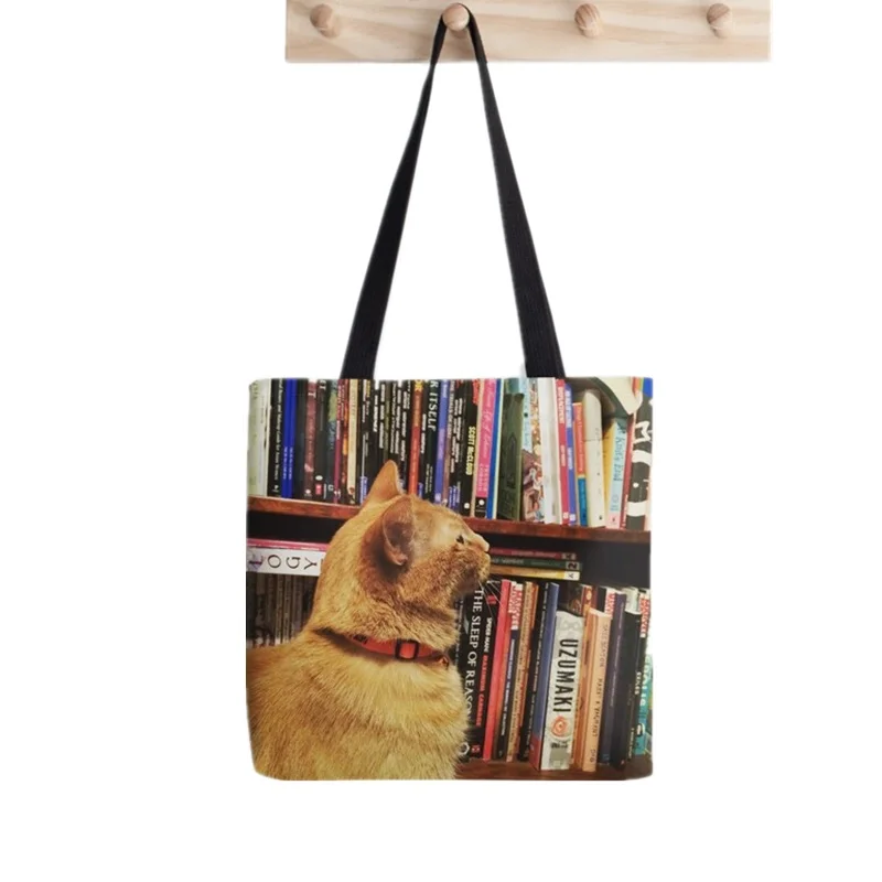 Sac de Shopping en toile pour femmes, bibliothèque de livres de chats, Kawaii, Harajuku, fourre-tout à bandoulière pour dames