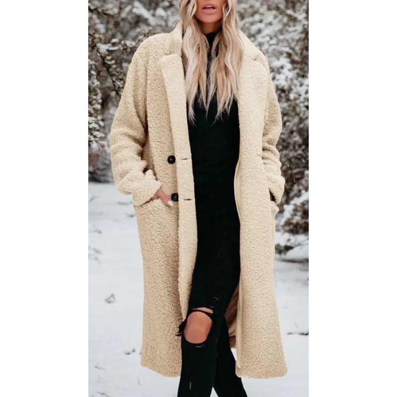 2023 Winter New Women Long Below The Knee Solid Color Plush Coat Female Temperament Slim Casual Thicken Warm Lambs Wool Outwear