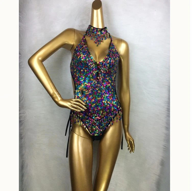 Costume de brevdu Ventre Latine pour Femme, Justaucorps Coloré, Maillot de Bain à Paillettes, Perlage de Batterie, Spectacle sur Scène, Tenue Sexy, 1 Pièce