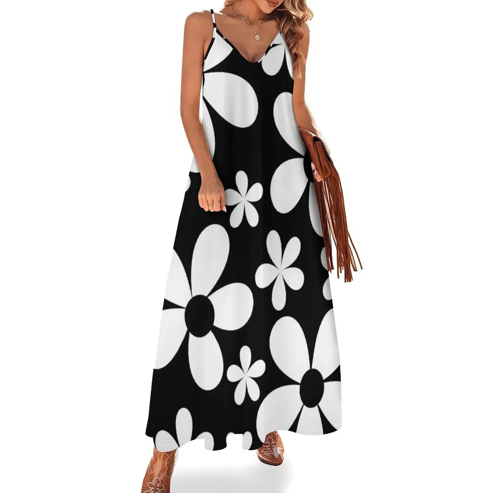 

Retro Mod Daisies Black and White Sleeveless Dress Women long dress summer clothes for women evening dress women