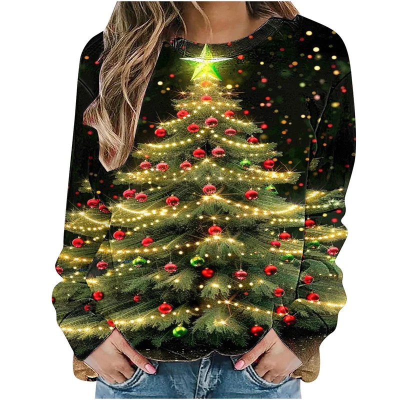 Harajuku 3D Printing Funny Christmas Trees Sweatshirts Reindeer Xmas Graphic Ugly Christmas Sweatshirts Mens Round Neck Hoodies