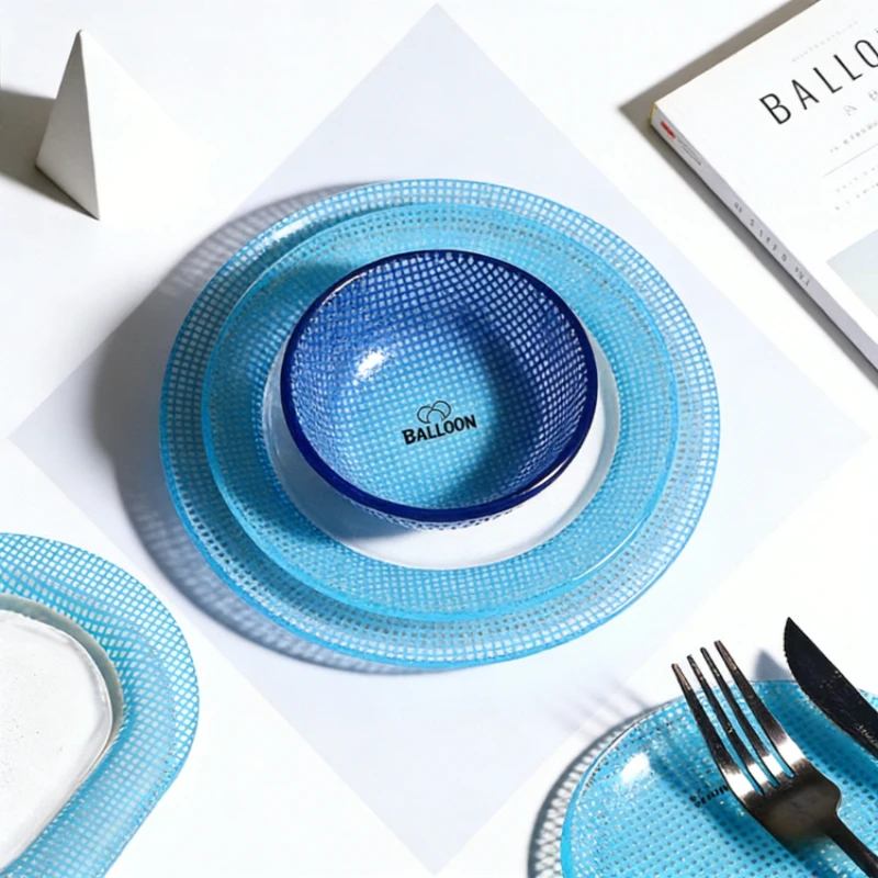 

New Creative Grid Pattern Dopamine Oval Long Glass Plate Decorative Small Dish Table Serving Plate for Home Restaurant Daily Use