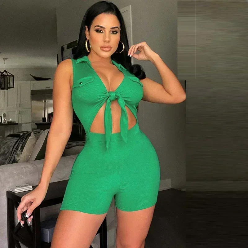 

GUWU Knitted Cut Out Bow V-neck Ribbed Sleeveless Women Romper 2024 Summer Street Active Chic Solid Shirt Playsuit Overalls