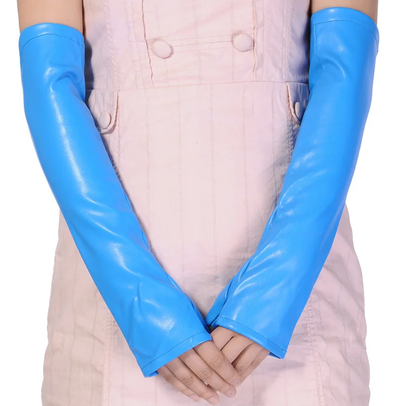 40CM Imitation Leather PU Women Solid Simple Fashion Soft Long Gloves Multicolor Dance Show Water Proof Fingerless Mittens