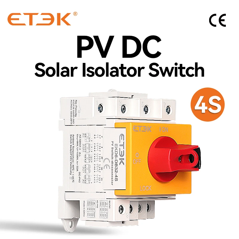 

ETEK Solar PV DC Isolator Switch 4P 32A 1000V Rotating Handle Disconnector For Solar Certified EKD6-DB32-4S