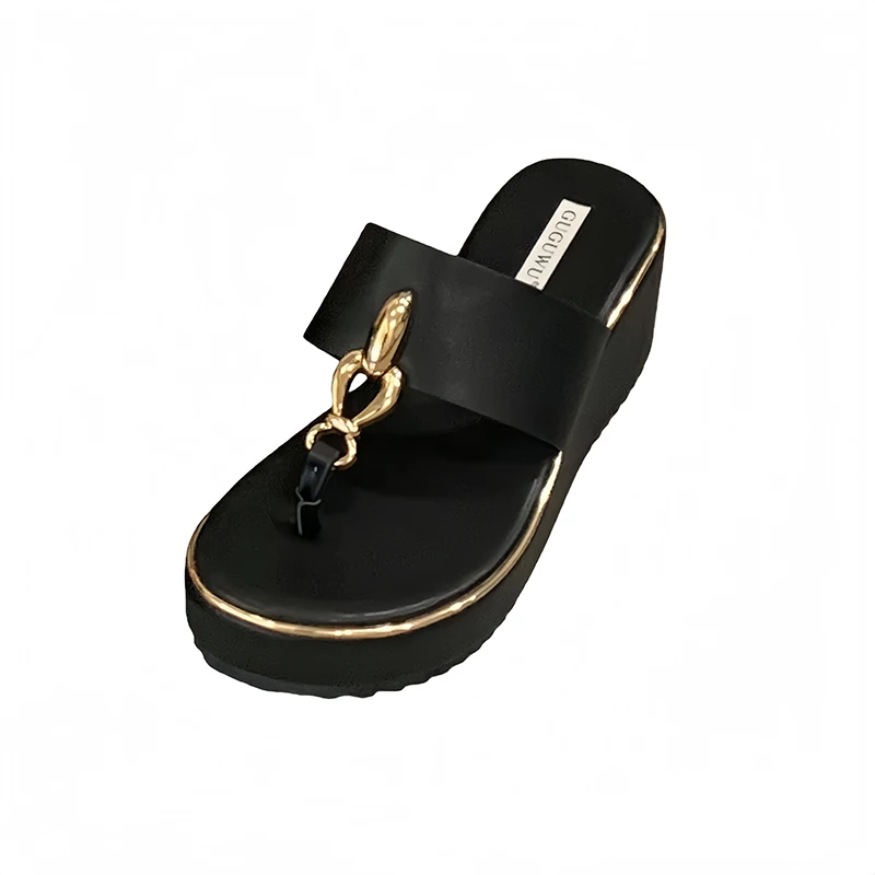 

Woman Wedge Sandals White Flip Flops Black Platform Heels Slippers Summer Metal Chain High Heels Leisure Shoes Ladies Sandals