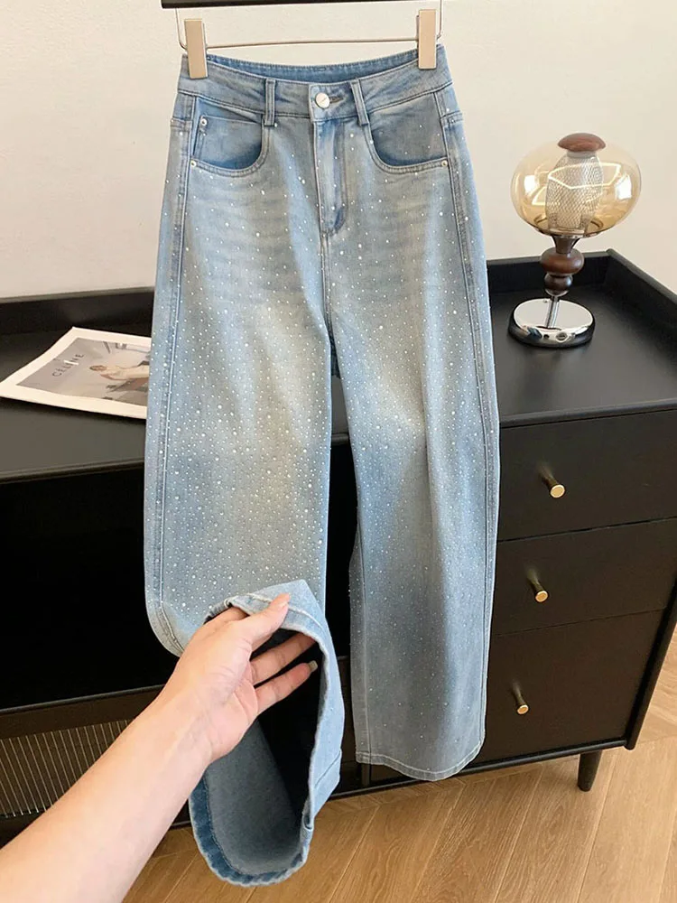 Light Blue Sparkling Jeans for Women Autumn New High Waisted Wide Leg Pants 2026 New Casual Straight Leg Denim Pants