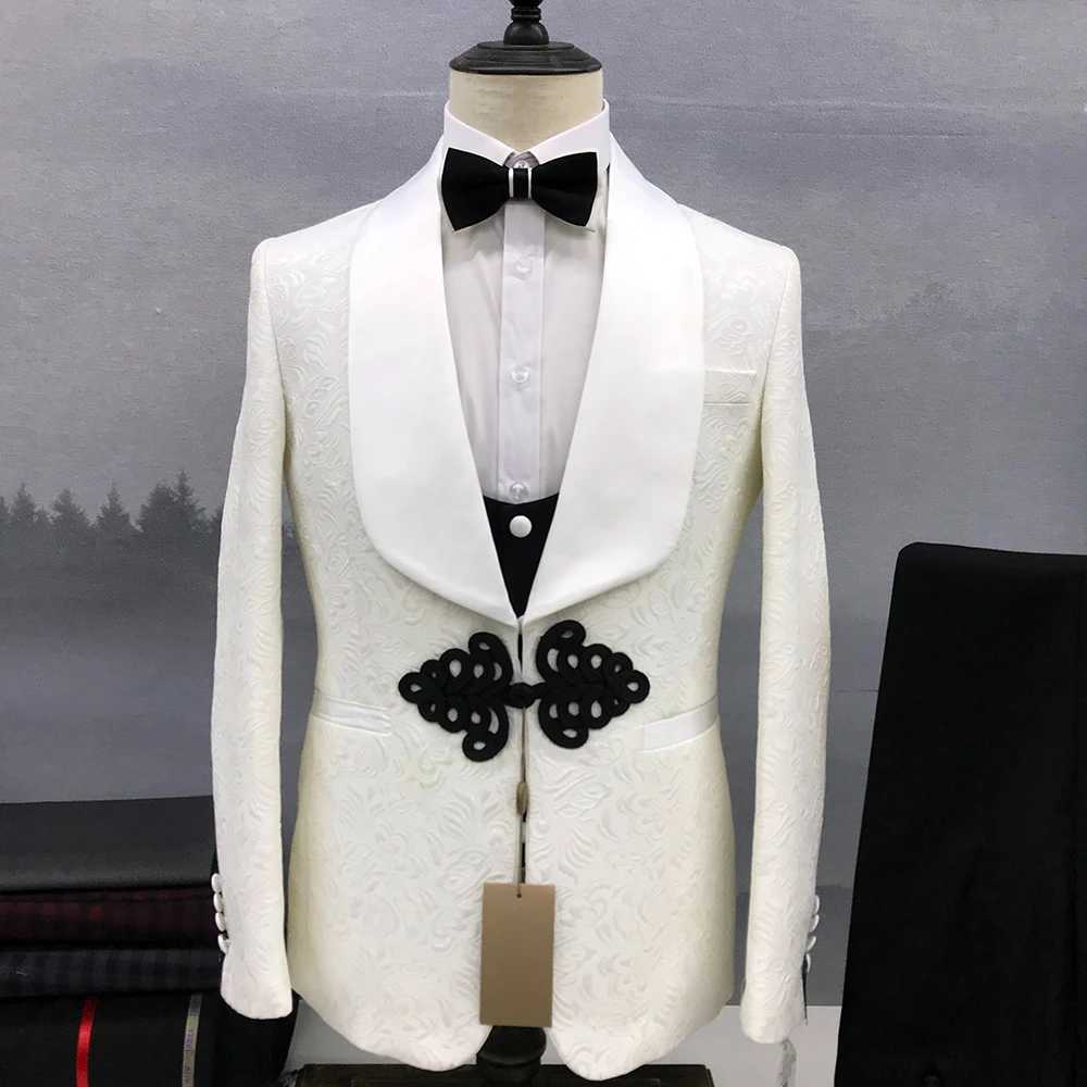 

New Jacquard Pattern Men Suit Fashion White Satin Shawl Lapel 3 Piece Business Wedding Groom Party Tuxedo Slim Coat Vest Pants