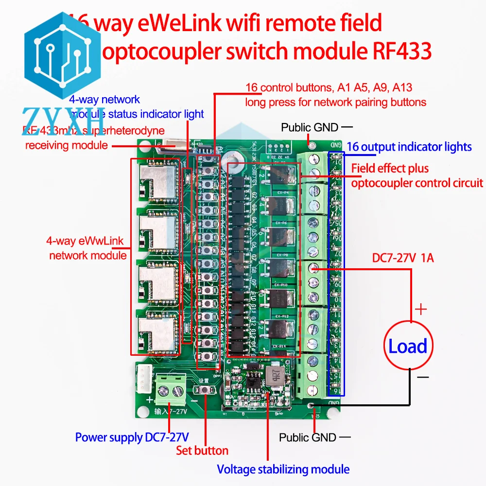 16 Way Ewelink WiFi Remote Optocoupler Isolation Output Control Module with RF433 Remote Control Inching Interlock Switch 7-27V