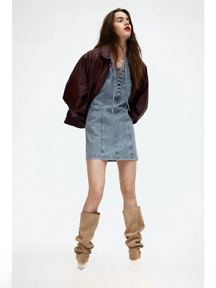 

H&M Women's Denim Dr Spring Summer ort Sve Straight Skirt with Bow Decoration Casual Pure Color Cotton Dr