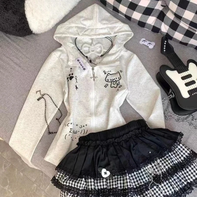 Japanese Casual Cartoon Print Cat's Ears Hoodies Zippers Preppy Style Sweatshirts Women 2025 Aesthetic Vintage Hoody Long Sleeve