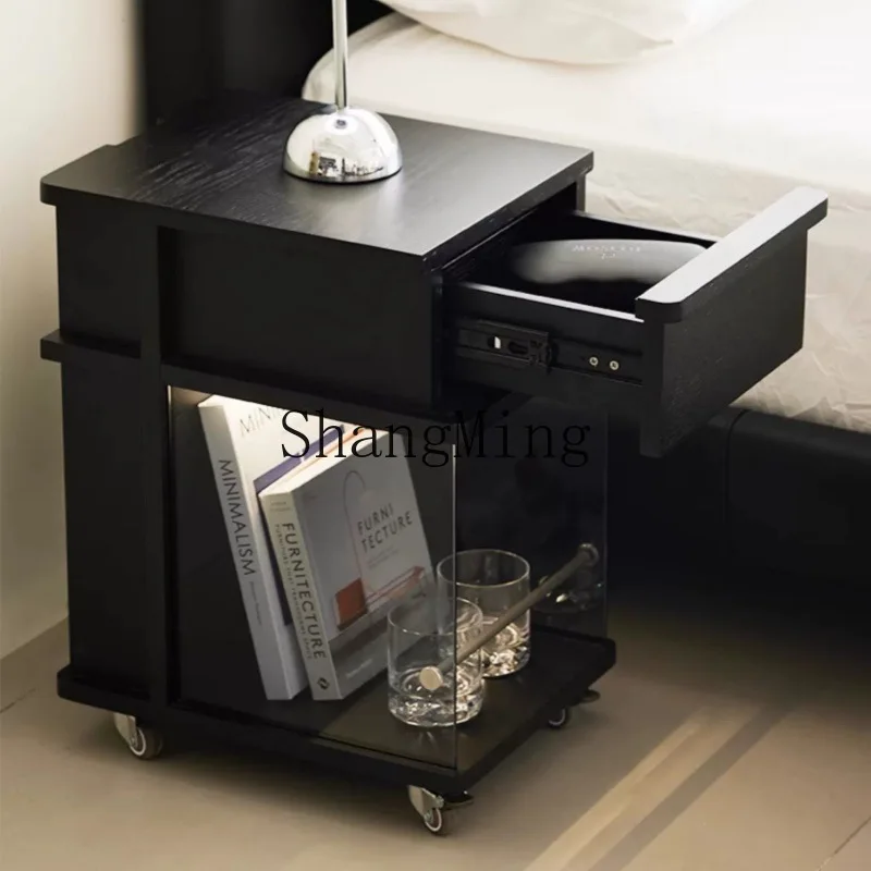 

SM Light Luxury Minimalist Smart Bedside Table Narrow Edge Solid Wood Small Bedroom Home Mini Storage Rack Bedside Cabinet