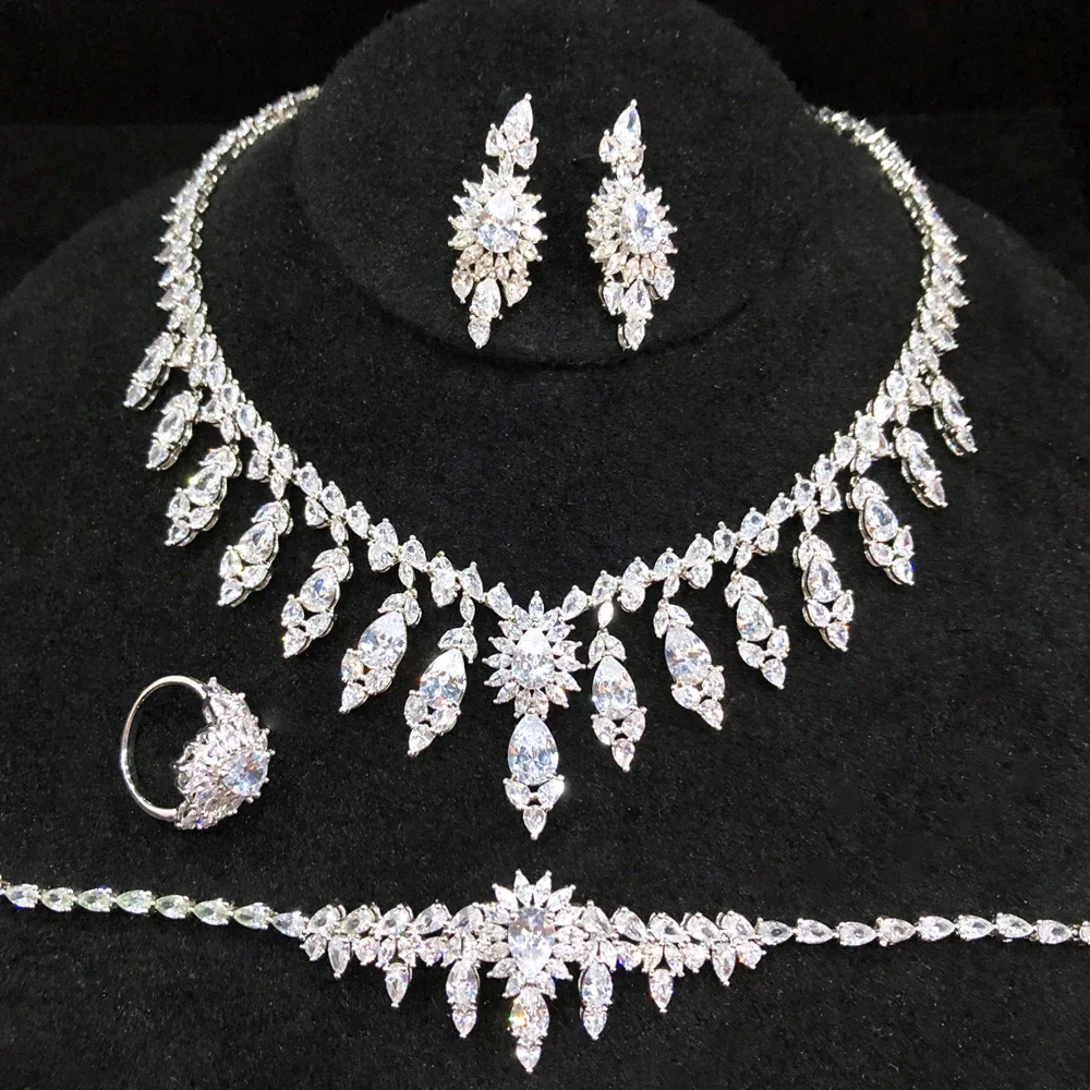 

Kellybola New Luxury Clear CZ 4PCS Necklace Bracelet Earrings Ring Set For Women Wedding Party Costume Bridal Jewelry Sets