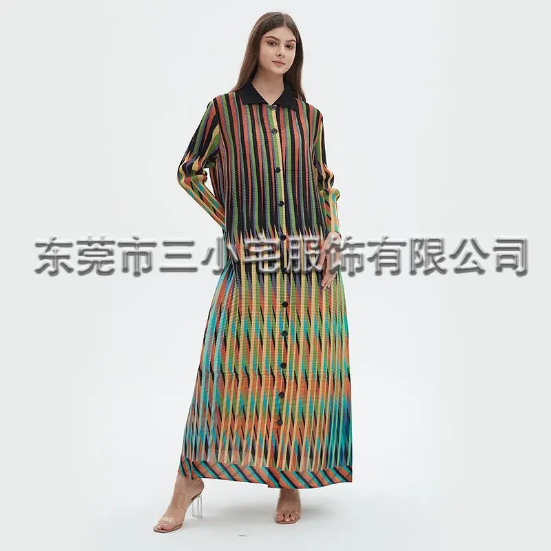 

Pleats Dresses 2024 Spring and Summer New Single-breasted Pleated Elegant Striped Printed Dress Women Cardigan Jacket Clothing