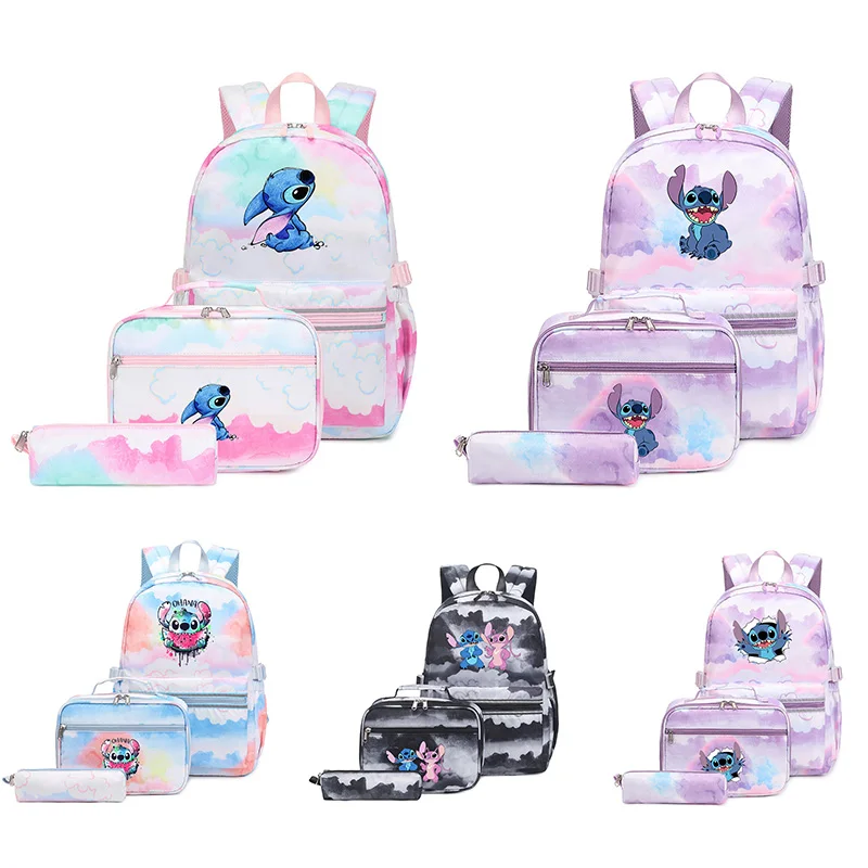 

Disney Lilo Stitch 3Pcs/Set Teenager Student with Lunch Bag Travel Mochilas Backpack Colorful Bag Boys Girls School bags