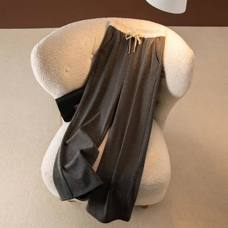 

Утепленные флисовые брюки с высокой талией и широкими штанинами, в стиле колор-блок, повседневные, на шнурке, женские, осенне-зимние, модные